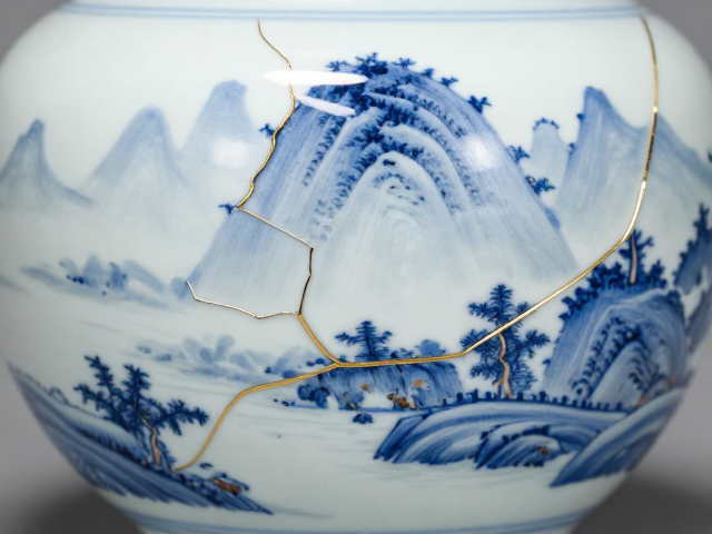 金缮修补明清御窑山水瓷,残缺之美重现东方雅韵