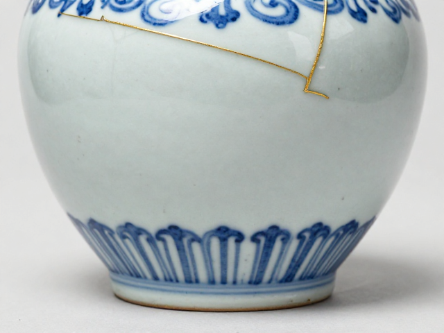 金缮工艺修复青花瓷,釉面质感丰富,尽显淡雅之美