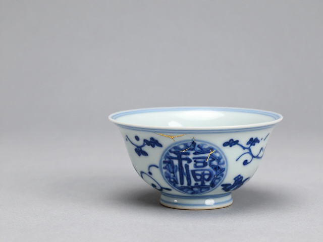 金缮工艺之美，青花淡雅下的装饰与造型高度统一