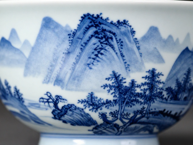 干磨抛光青花山水,色彩层次丰富,尽显古韵美学