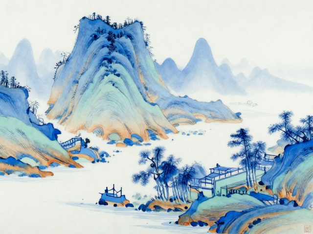 干磨抛光青花山水,色彩层次丰富,尽显古韵美学
