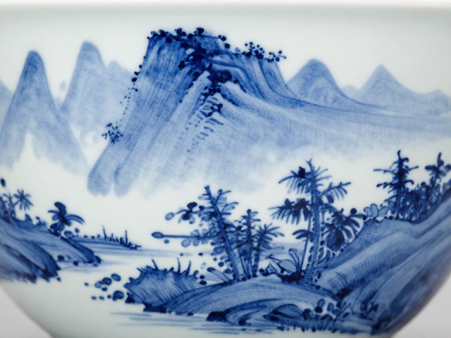 干磨抛光青花山水，色彩层次丰富，尽显古韵美学