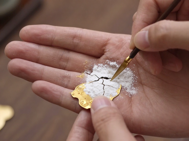 传统金缮修复用白金粉，轻拿轻放呵护裂痕之美