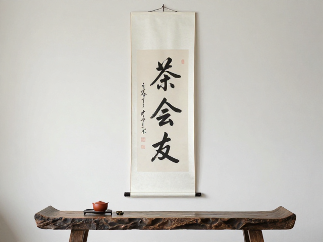 以茶会友品书法挂轴，杌凳旁静享文人雅趣