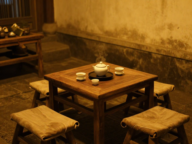 暖黄灯光下的庭院茶席，打造杌凳旁的治愈系氛围感