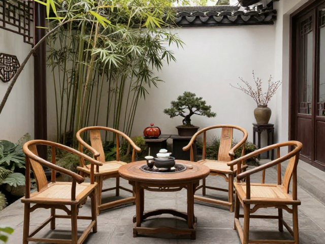 围炉品茗区搭配圈椅与花几，打造中式雅境，提升空间流量感