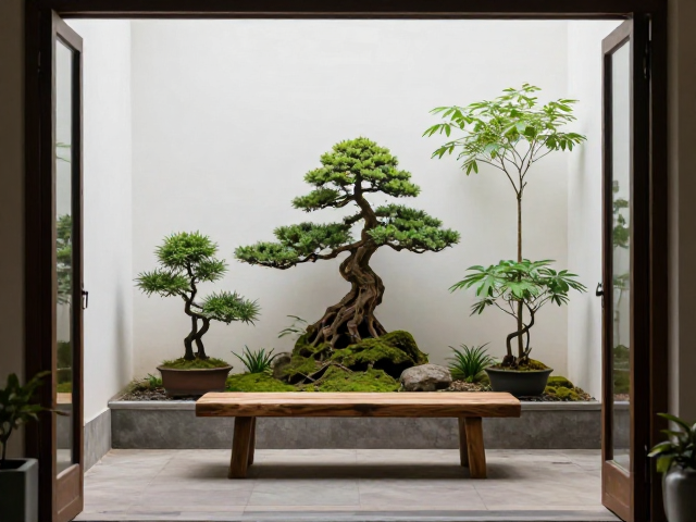 茶空间入口怎么装？杌凳搭配盆景绿植，打造高流量禅意美学角落