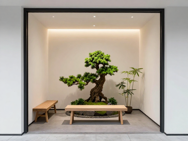 茶空间入口怎么装？杌凳搭配盆景绿植，打造高流量禅意美学角落