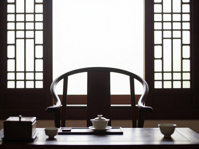 李朝官椅搭配几何窗格纹与茶具，打造新中式雅致空间