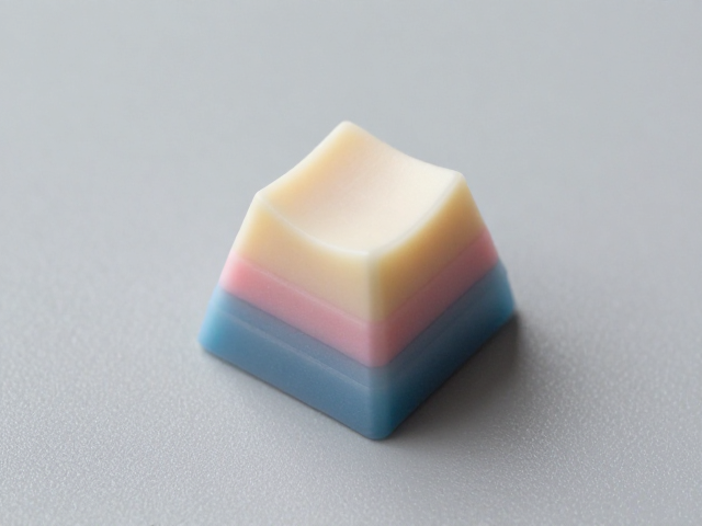 分层三色注塑键帽，背景哑光磨砂质感，一次成型工艺详解