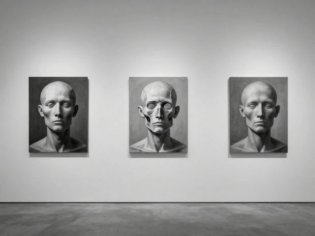 灰调子和谐过渡，头部结构与解剖在艺术画廊展览中的视觉重构