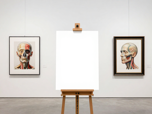 艺术画廊展览中的画架与画框,头部结构解剖的视觉呈现