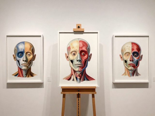 艺术画廊展览中的画架与画框,头部结构解剖的视觉呈现