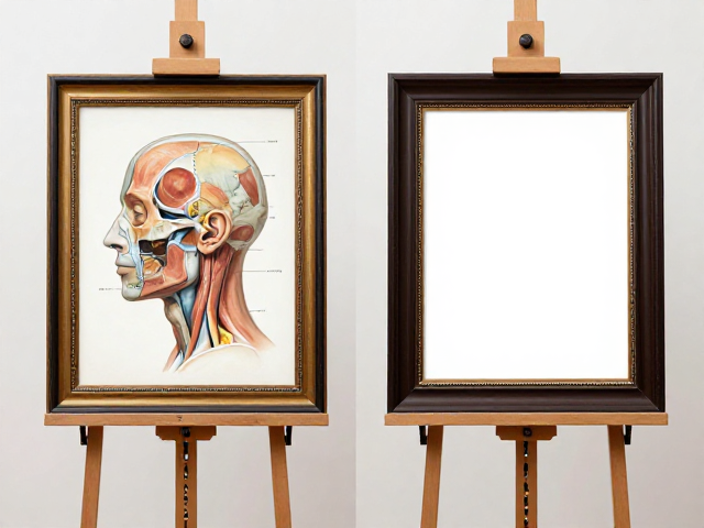 艺术画廊展览中的画架与画框,头部结构与解剖美学解析