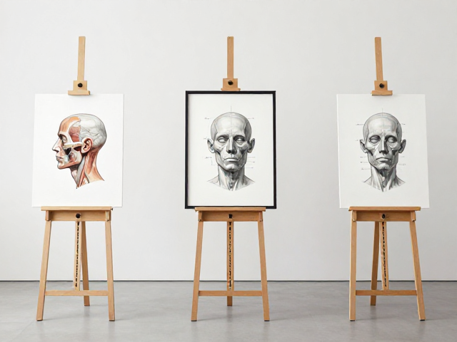 艺术画廊展览中的画架与画框,头部结构与解剖美学解析