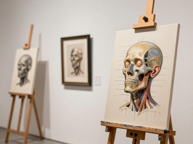 艺术画廊展览中的画架与画框,头部结构与解剖美学解析