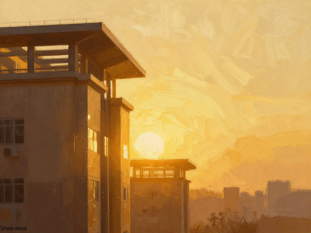 金色夕阳下的建筑结构,湿画法晕染技法解析
