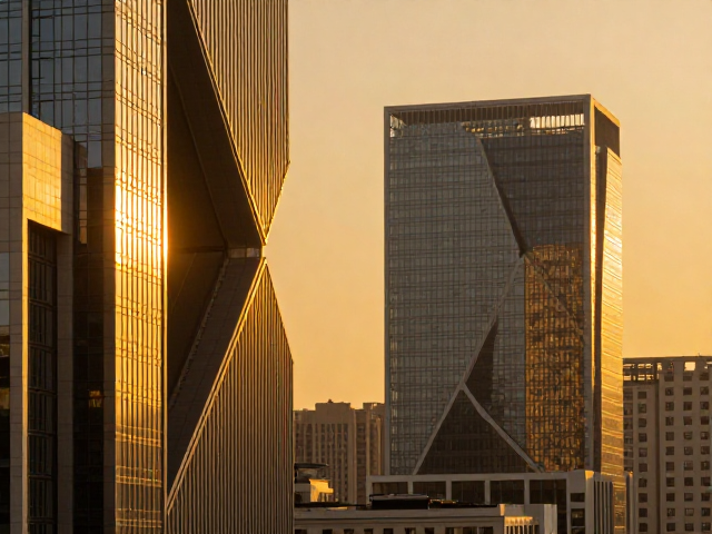 金色夕阳下的抽象几何建筑,光影交织的视觉盛宴