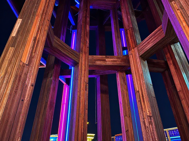 木质斑驳与霓虹夜景交织的建筑结构美学