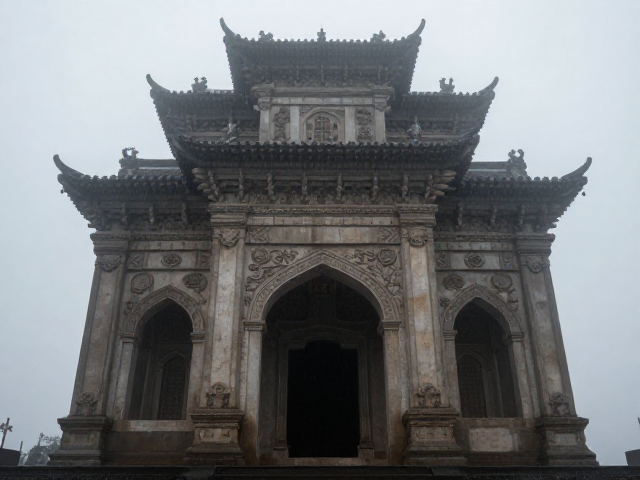 雨雾朦胧中的建筑结构之美，探秘隐秘宗教殿堂