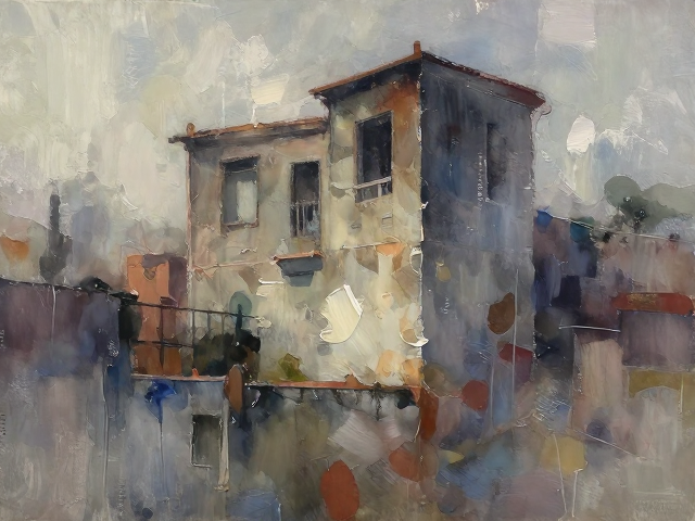 建筑结构肌理与湿画法晕染,AI绘画视觉融合技巧