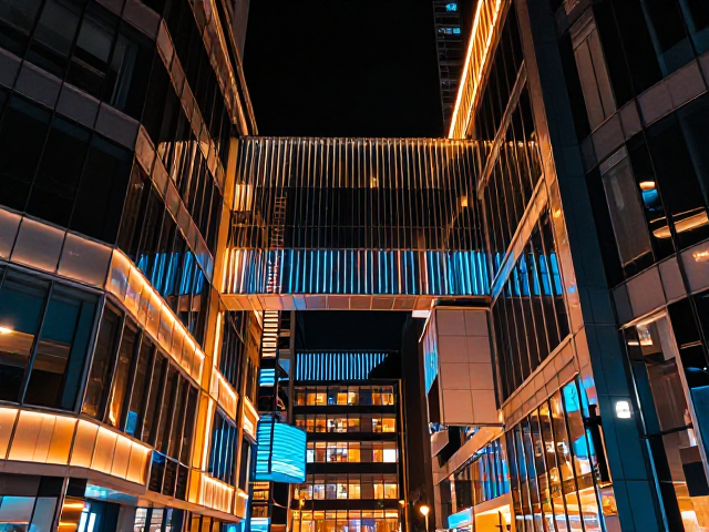 建筑结构与霓虹夜景,冷暖对比下的视觉盛宴