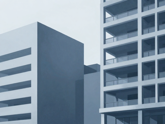 冷峻蓝调建筑插画,解构现代建筑结构的视觉美学