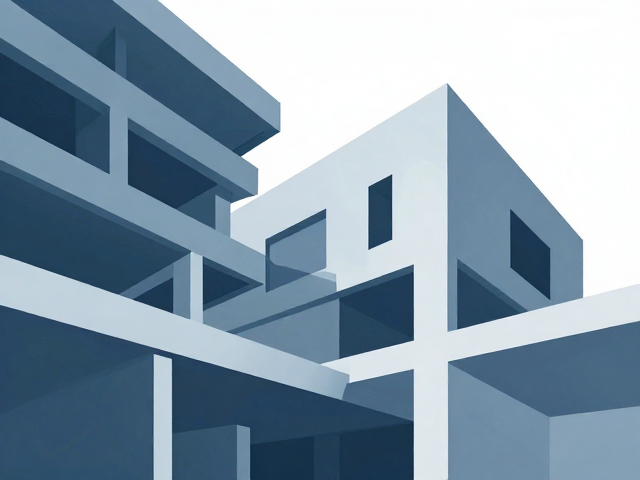 冷峻蓝调建筑插画,解构现代建筑结构的视觉美学