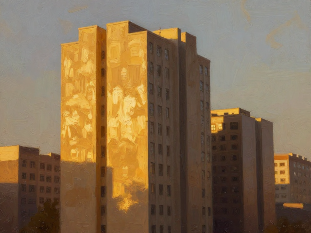 厚涂堆砌下的建筑美学,金色夕阳里的光影史诗