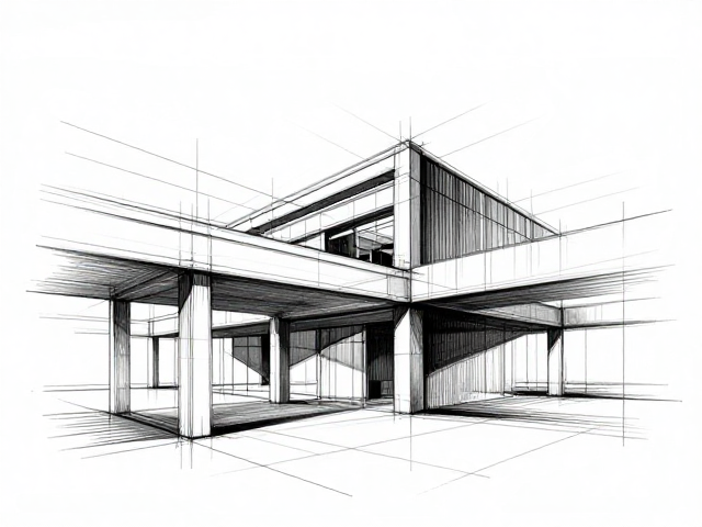 建筑结构单色底稿,明暗对照法营造立体空间感