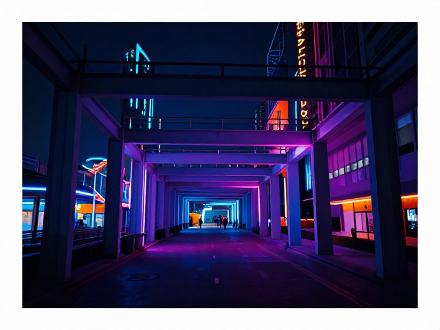 建筑结构下的霓虹夜景,罩染技法打造沉浸式视觉盛宴