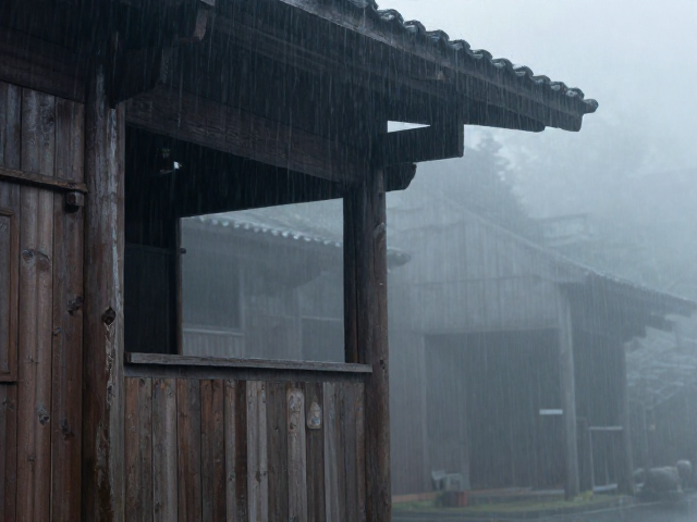 雨雾朦胧中，木质斑驳的建筑结构藏着什么秘密？