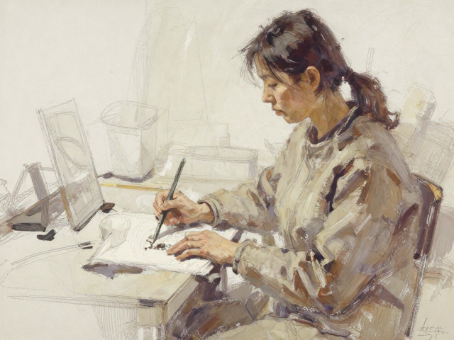速写性油画练习，画室光线控制与笔触技巧，提升作品质感