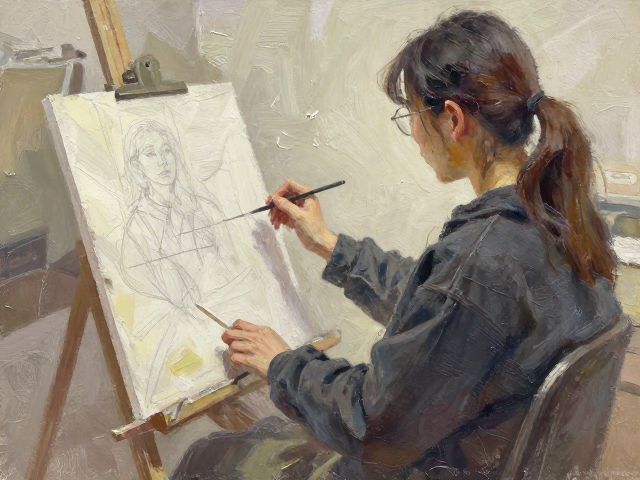 速写性油画练习，画室光线控制与笔触技巧，提升作品质感