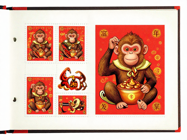 猴年邮票搭配专业集邮册,色彩鲜艳喜庆尽显珍贵