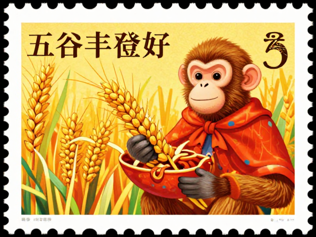 猴年邮票发行，色彩鲜艳喜庆，寓意五谷丰登好运