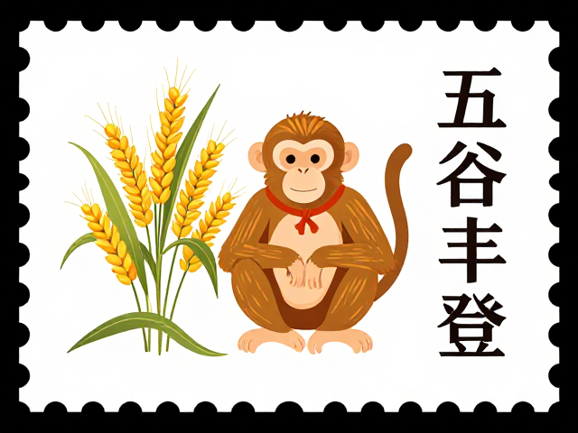 猴年邮票设计赏析,五谷丰登主题的现代平面美学与创意解析
