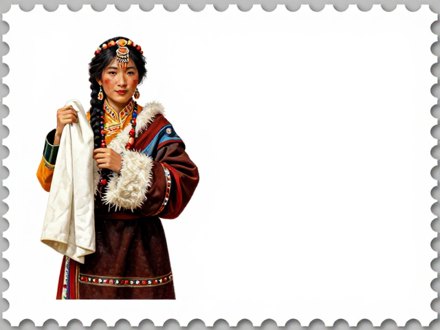 少数民族服饰邮票,藏族哈达写实绘画,珍藏版艺术赏析