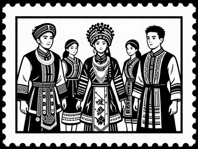 少数民族服饰邮票，版画线条勾勒浓郁民俗风情