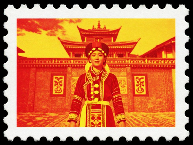 少数民族服饰邮票，红黄基调下的传统建筑图腾之美