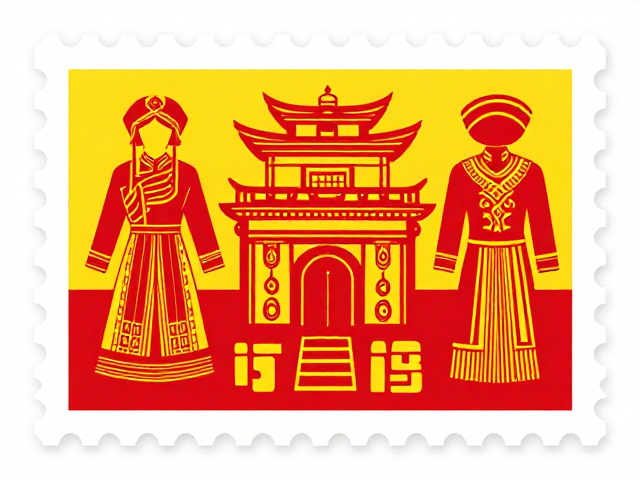 少数民族服饰邮票,红黄基调下的传统建筑图腾之美