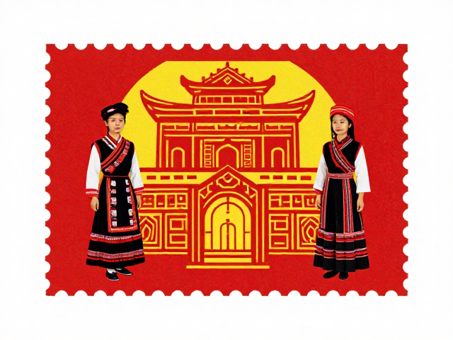 少数民族服饰邮票,红黄基调下的传统建筑图腾之美