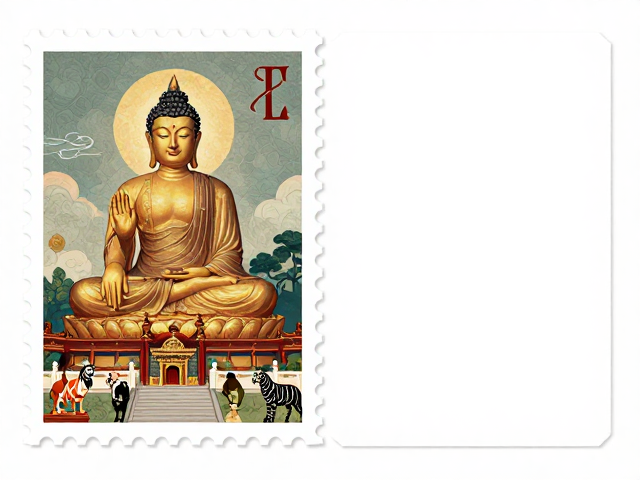 佛教寺庙邮票与现代通用票对比,含野生动物元素的设计美学
