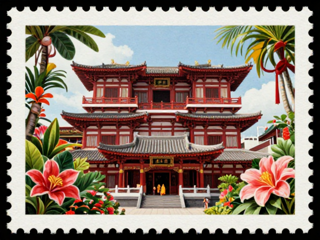 新加坡佛教寺庙邮票,热带花卉植物与宗教文化的绝美邂逅