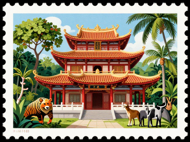 新加坡寺庙邮票上的野生动物，独特文化与自然交织的视觉盛宴