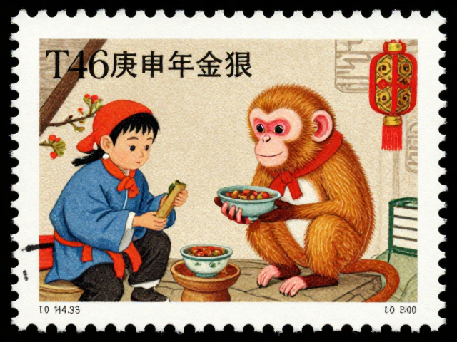 T46庚申年金猴邮票,影写版工艺与民俗风情展现