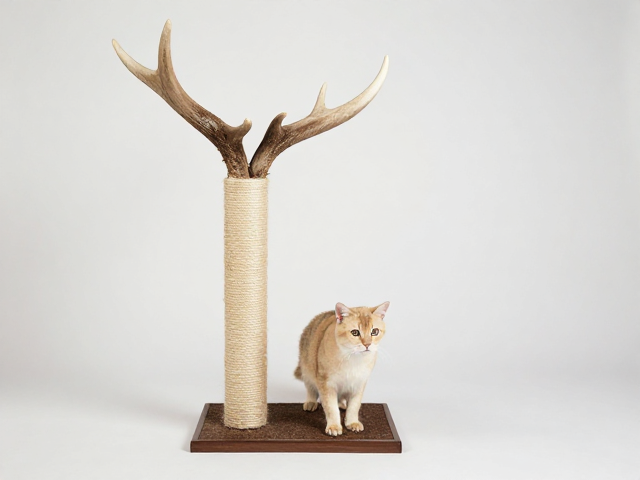 天然整支鹿角猫抓柱,剑麻耐用,实木底座,居家猫咪磨爪神器