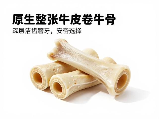 原生整张牛皮卷配牛骨,深层洁齿磨牙宠物零食推荐