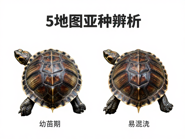 地图龟亚种辨析，幼苗鉴别技巧与幼体成体色差变化全解析