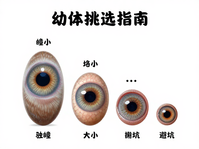 幼体挑选指南,体型大小因地而异,注意瞳孔形状避坑